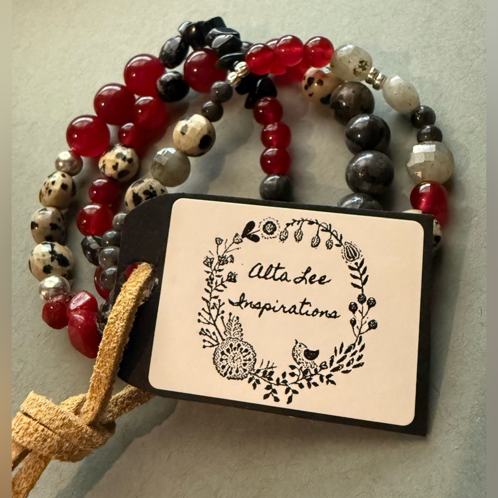 Hand Crafted Red, Black, Sterling Silver Stacking Bracelets, All Genuine Stones